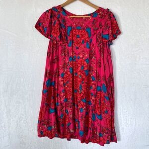 Free‎ People Yara Mini Floral Print Short Sleeve Ruffle Dress Pink Oversize S